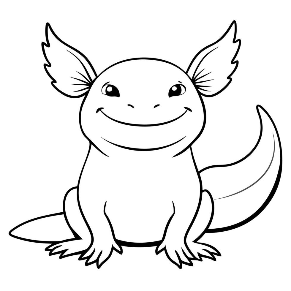 a black and white outline drawing for a coloring page the scene shows a cute axolotl sitting down vector