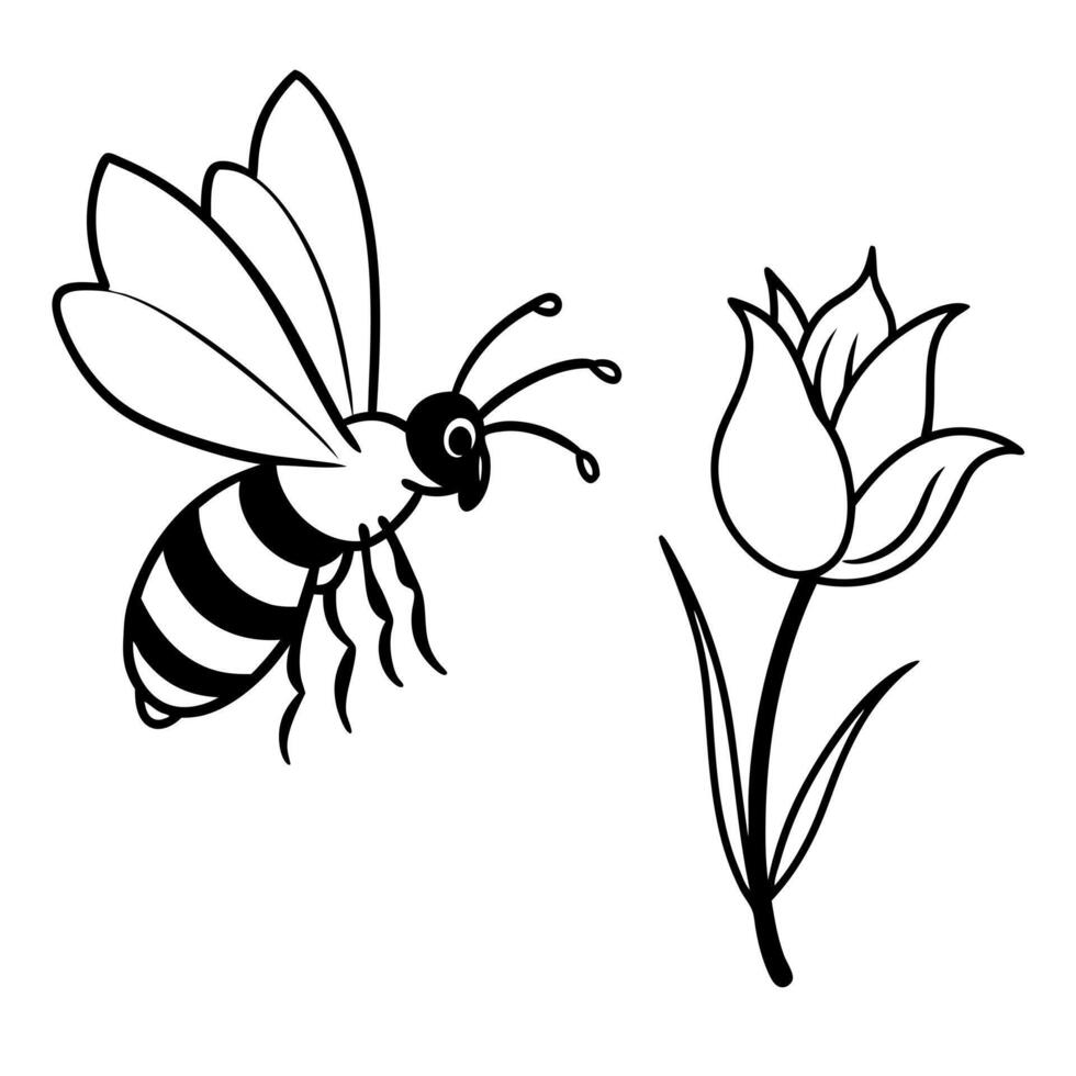 a bee is extracting honey from a freesia flower, illustration line art vector