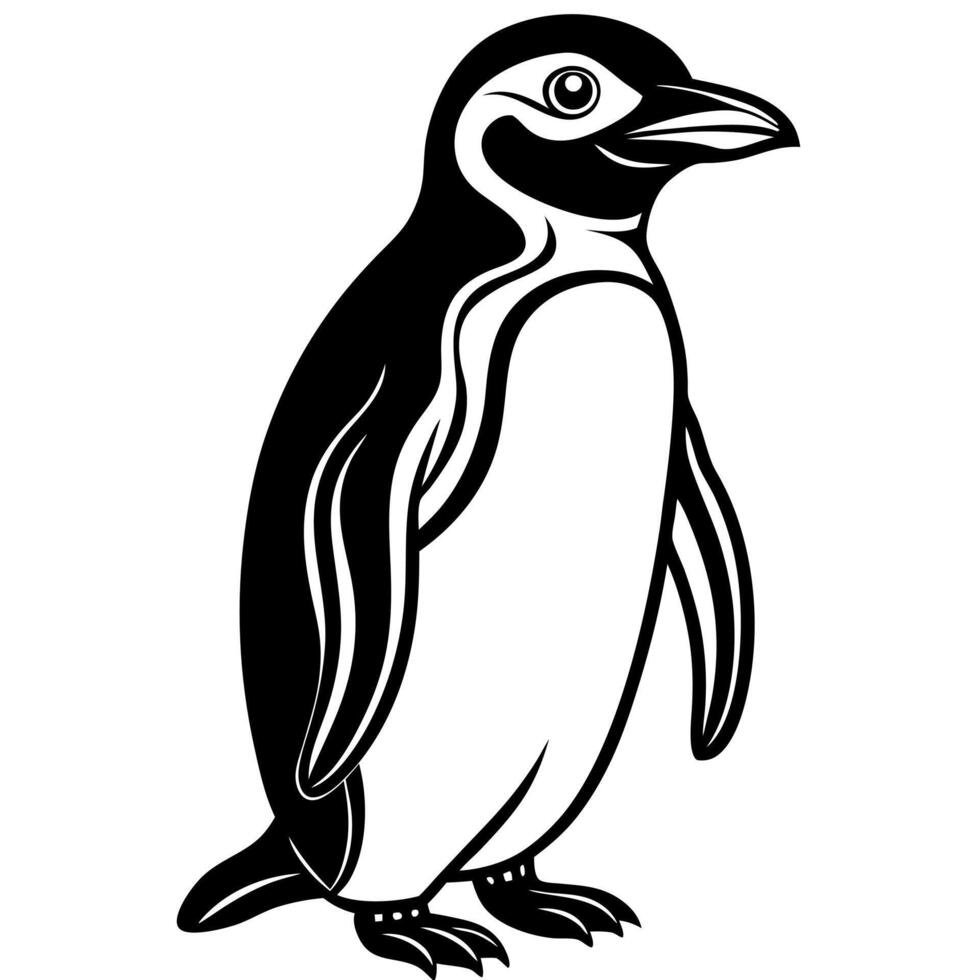 black penguin silhouette illustration, solid white background, illustration line art vector