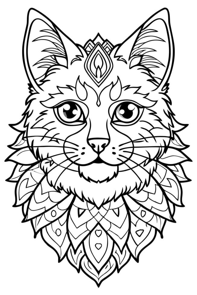 mein cat head, mandala coloring pages, cozy coloring pages, cute coloring pages, aesthetic, vector