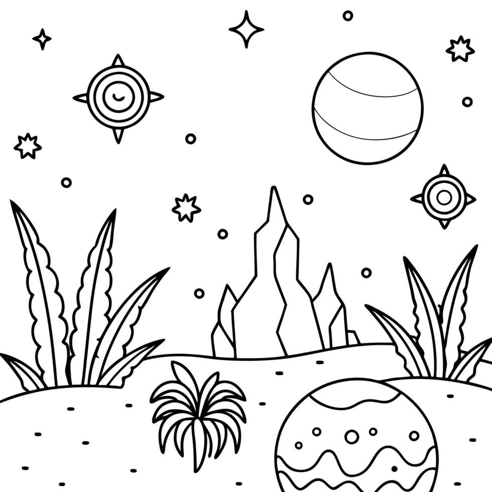 a distant planet with a lush landscape filled with strange, alien plants and magical creatures the vector