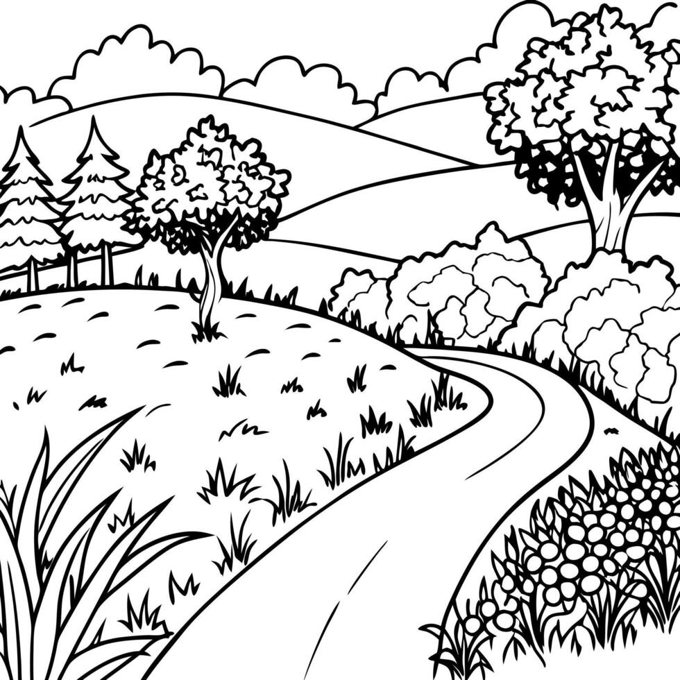 a path runs through the meadow, illustration line art vector