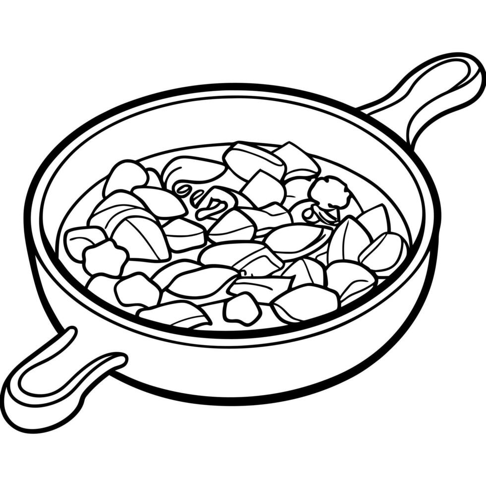 beef bourguignon in a pan, illustration line art vector