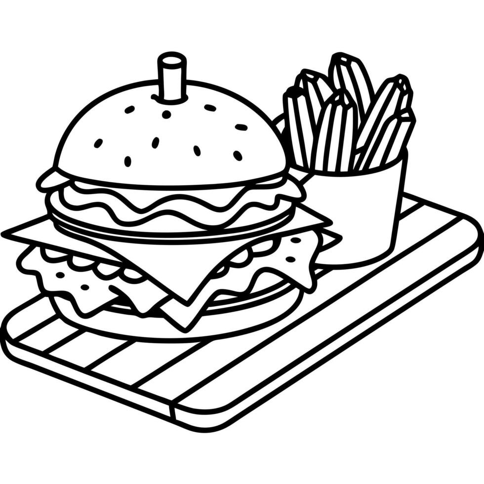 a close up of a juicy burger with bacon and pickles served with french fries on a wooden board, vector