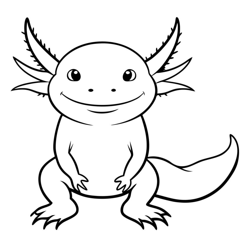 a black and white outline drawing for a coloring page the scene shows a cute axolotl sitting down vector