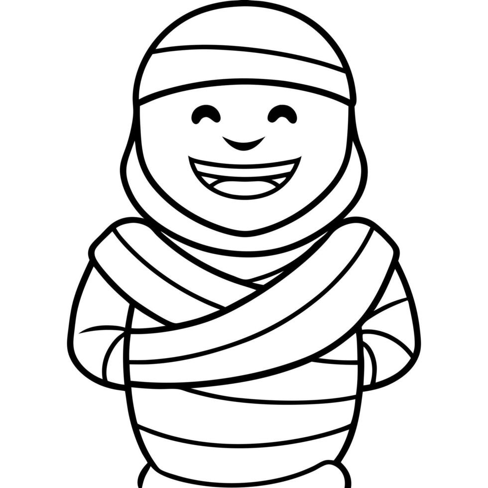 a happy mummy unwrapping its bandages with a smile, illustration line art vector