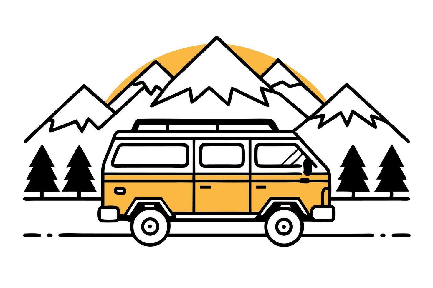 a vibrant, retro-inspired of a rugged camping van with knobby tires and lifted suspension vector