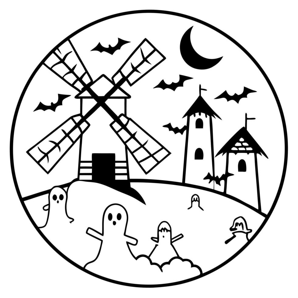 a unique halloween scene with a round fairy-tale windmill this windmill has a distinct, circular vector