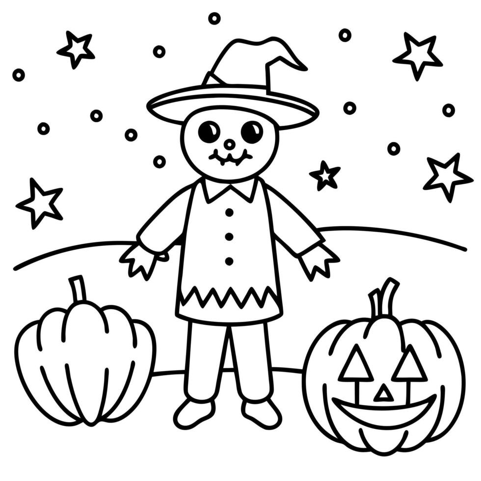 a friendly scarecrow standing in a pumpkin patch under a starlit sky, illustration line art vector
