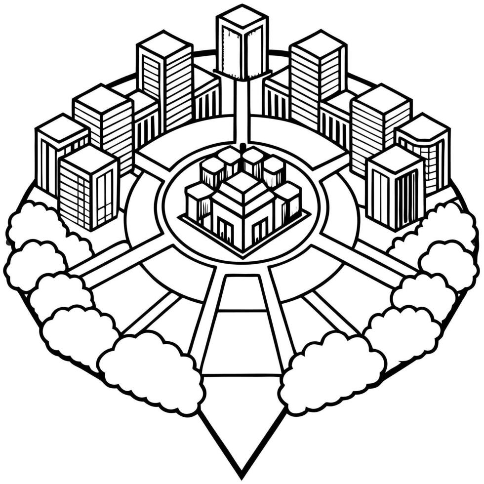 a birds-eye view of a sprawling urban complex, illustration line art vector