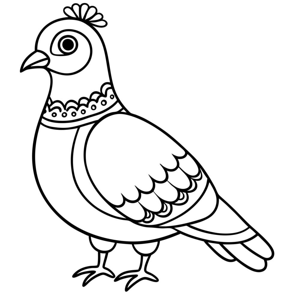 a coloring page of an cute pigeons bird with mandala patterns on its head and body, with no color vector
