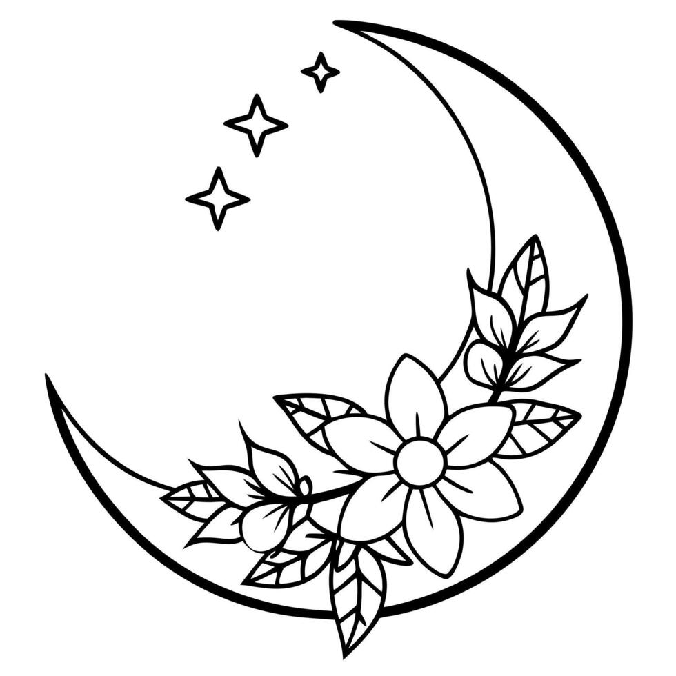 illustrate a magical crescent moon with entwined flowers and leaves, ideal for creating romantic vector