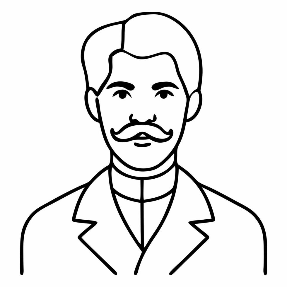 portrait of victorian black hair mustashed semi-aged buttler, illustration line art vector