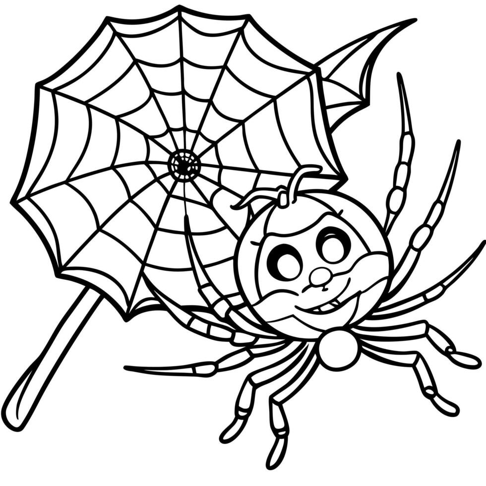 a cute spider with a candy web, illustration line art vector