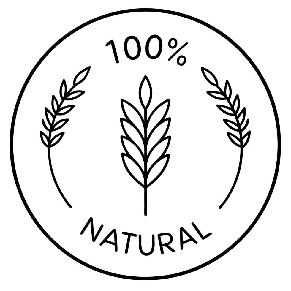 a black and white circular logo with the text 100 natural and with one ear of wheat icons, vector