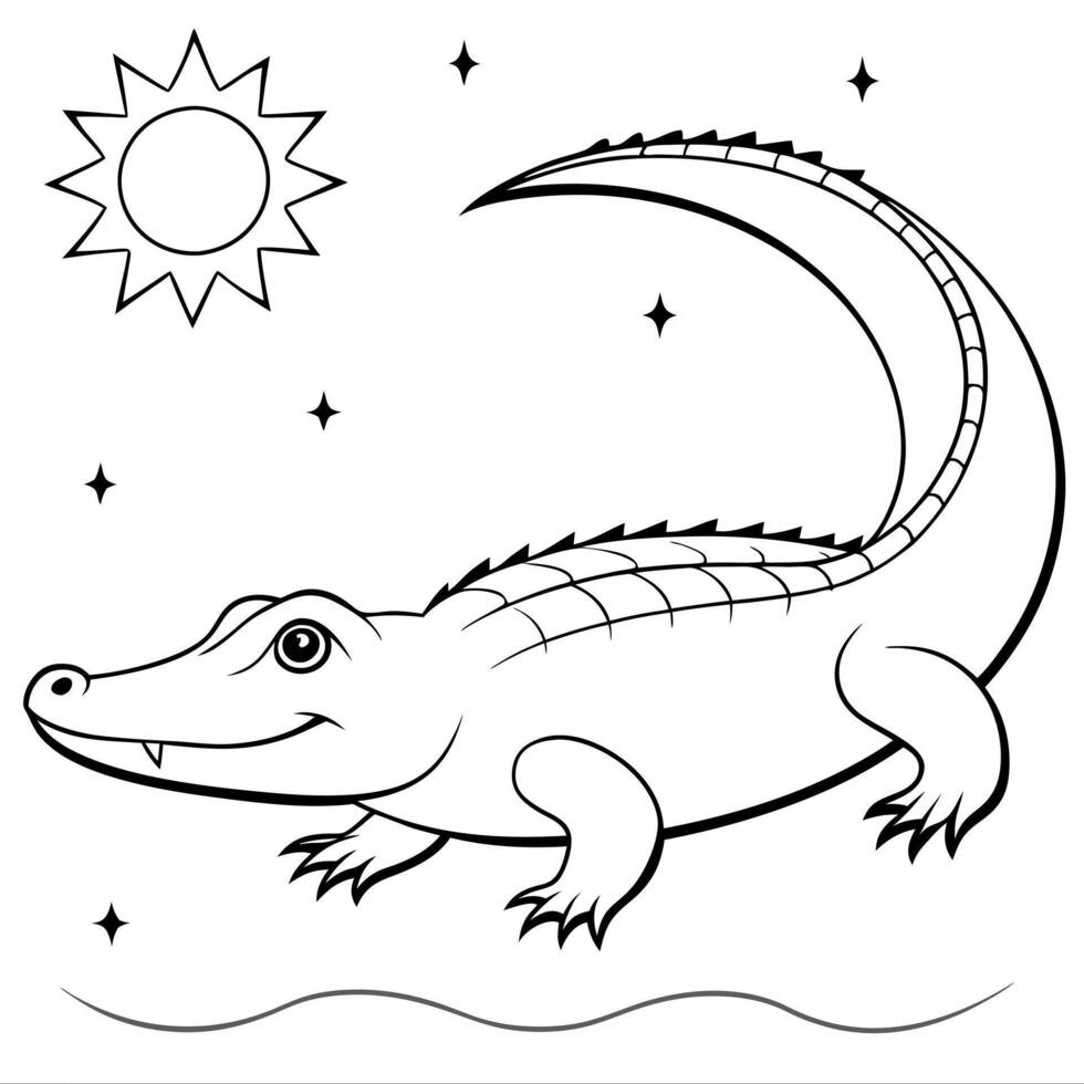 alligator setting silhouette, illustration line art vector