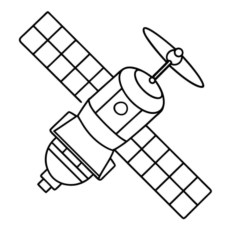 a coloring page of an space satellite with no color just black lines, illustration line art vector