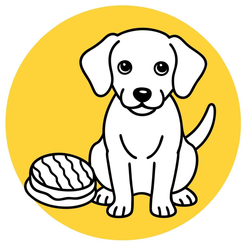 a white puppy with a short coat and floppy ears is sitting next to a plate of bacon strips the vector