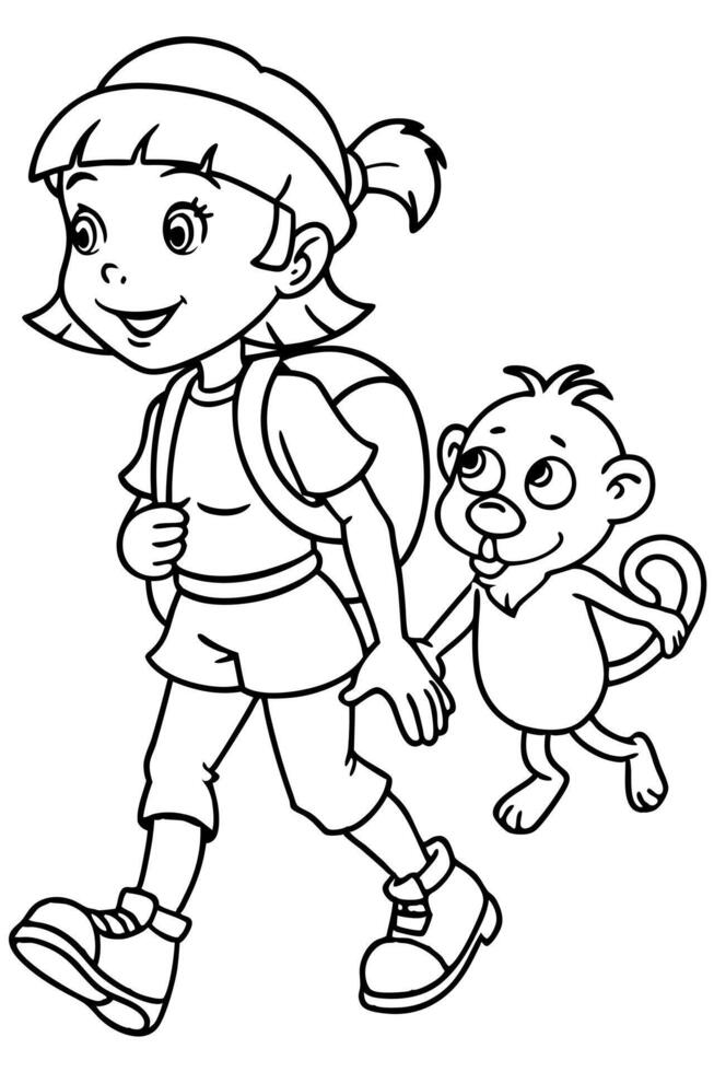 dora the explorer walks on the street with monkey on her back, illustration line art vector