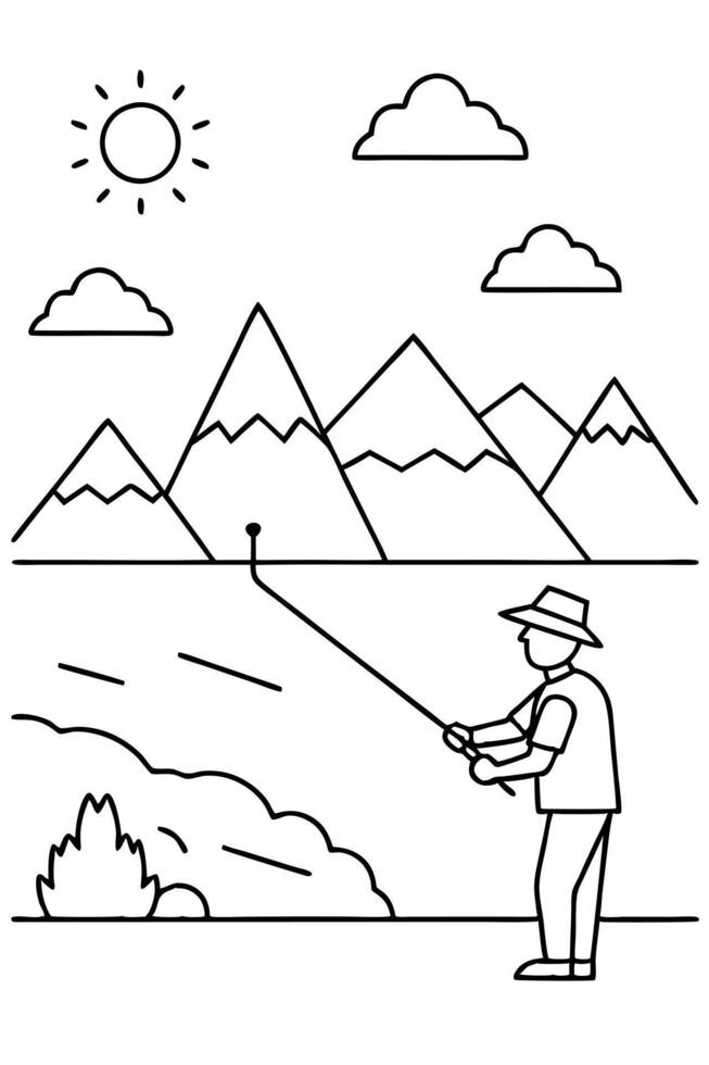man fishing near big lake, small sun, many clouds, two mountains, illustration line art vector