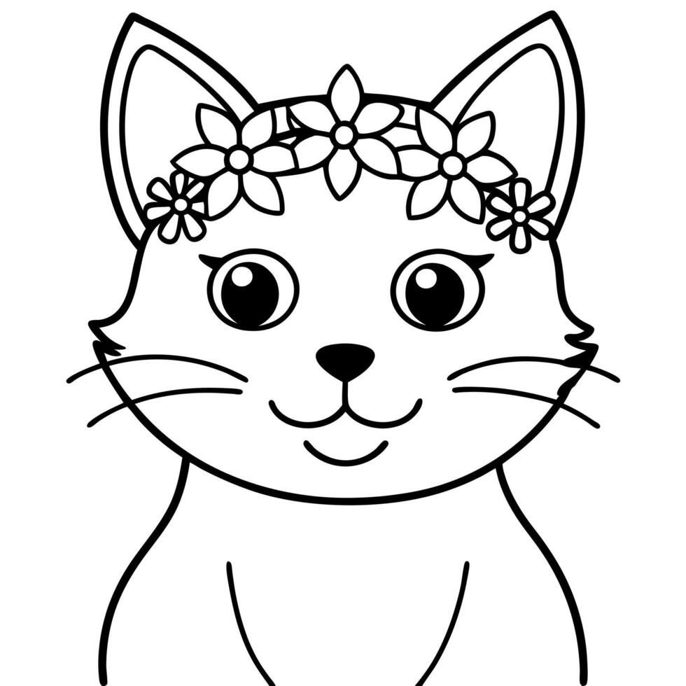 a cartoon cat with a flower crown on her head, illustration line art vector