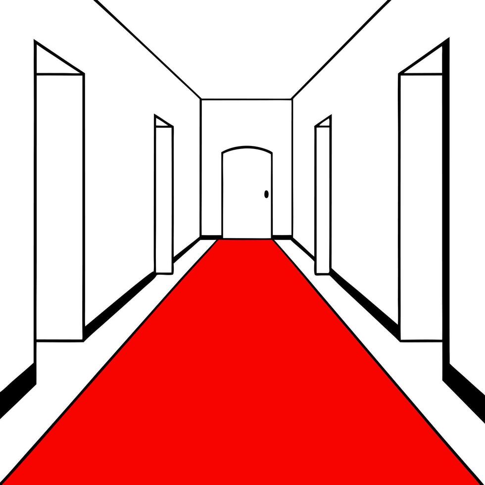 un couloir avec le sol rouge et tout blanc, illustration line art vector