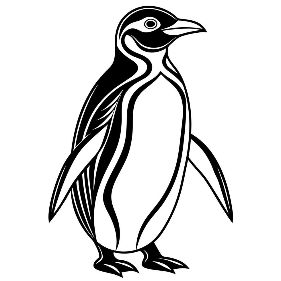 black penguin silhouette illustration, solid white background, illustration line art vector