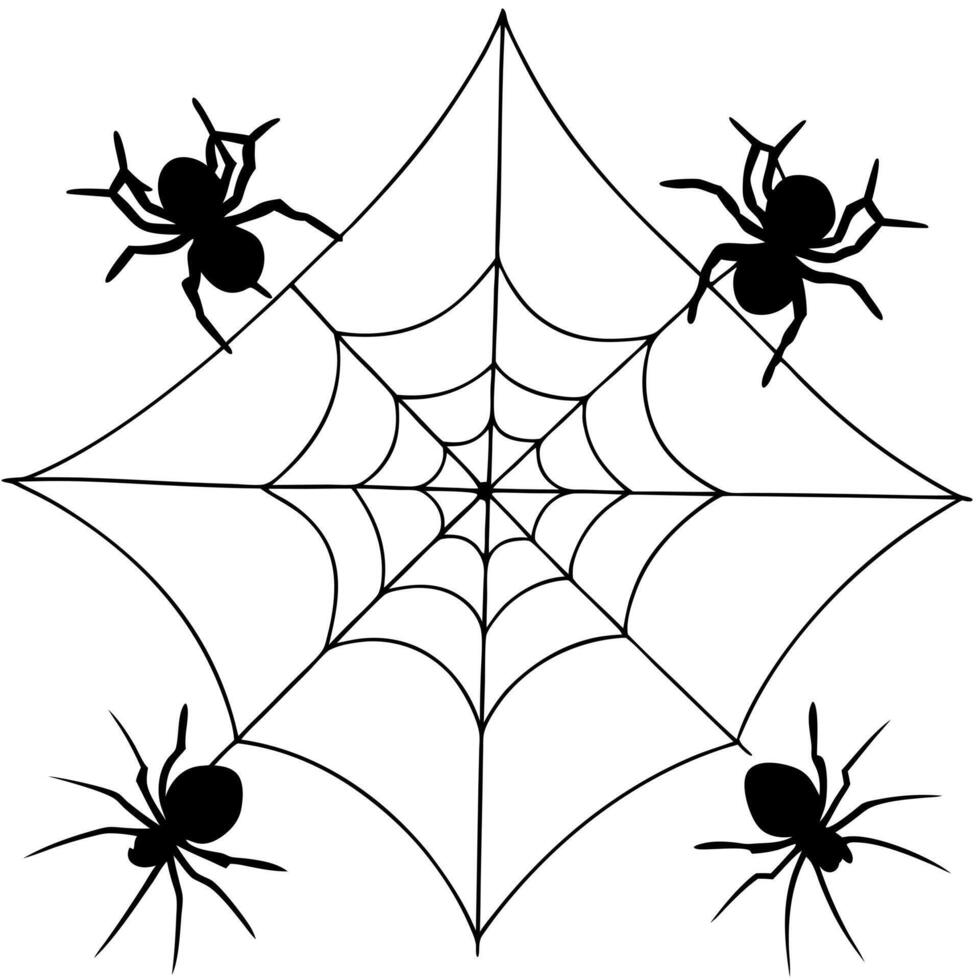 4 halloween spiders silhouette in different poses in walking web, illustration line art vector