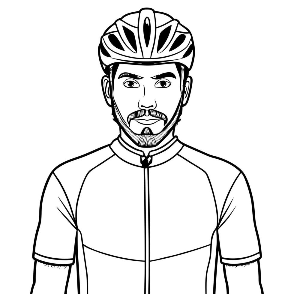 cyclist man in helmet stands and look into camera, illustration line art vector