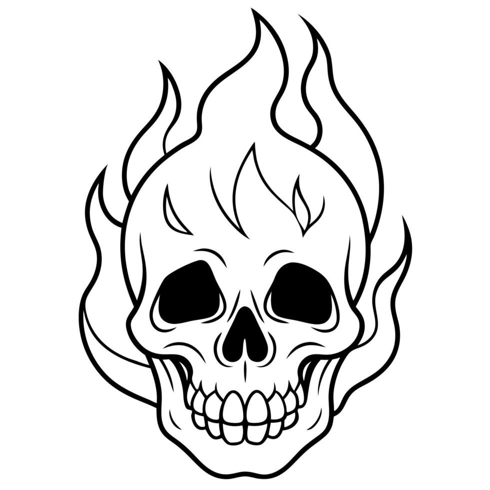 black skull with fire on black background, illustration line art vector