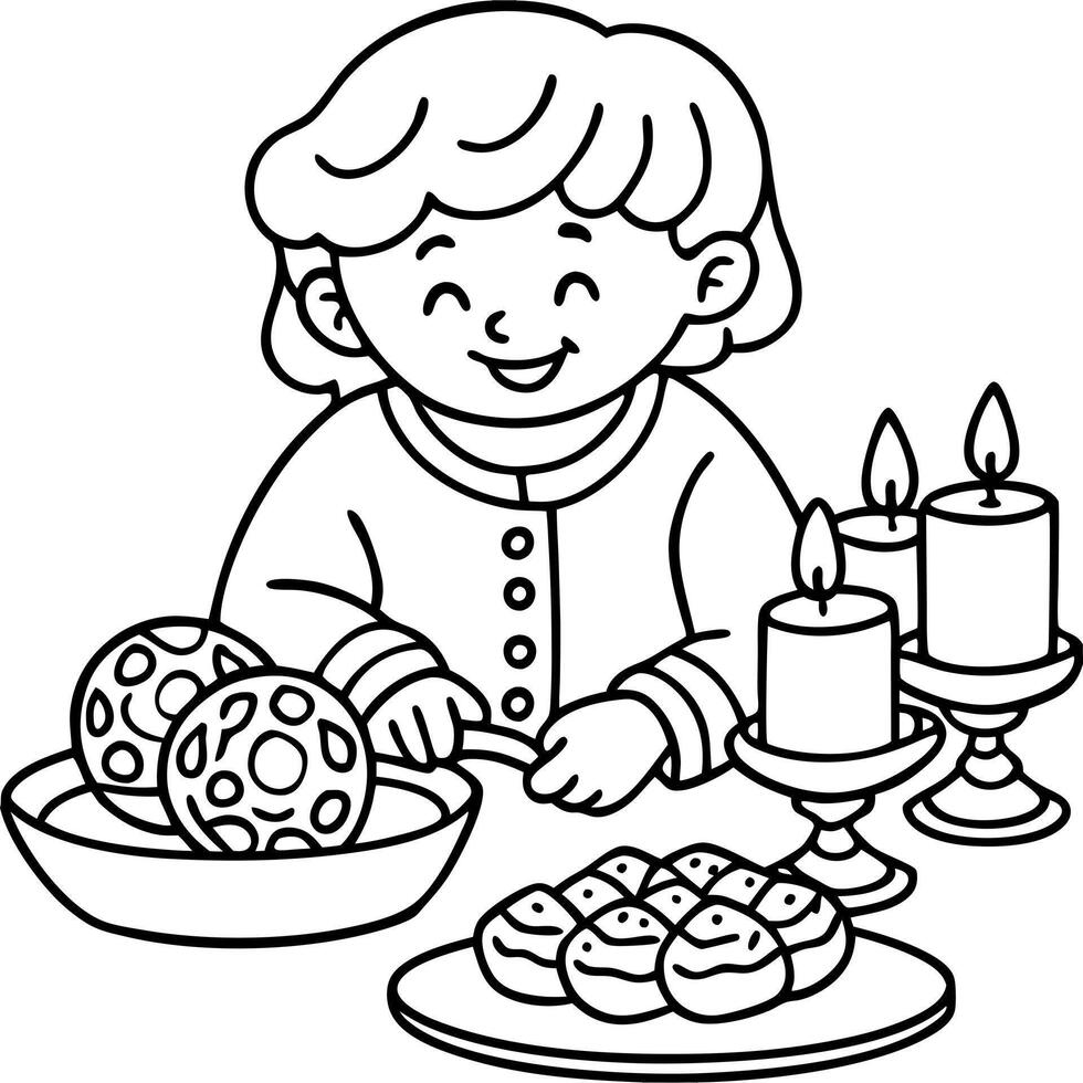 cartoon style kid decorating hanukkah cookies, illustration line art vector