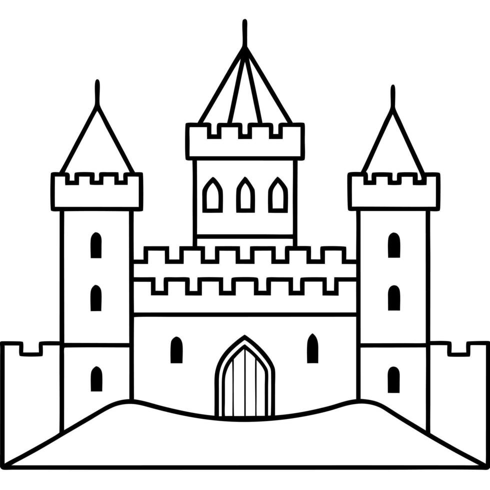 a medieval castle, with towering walls, turrets, and a moat, illustration line art vector