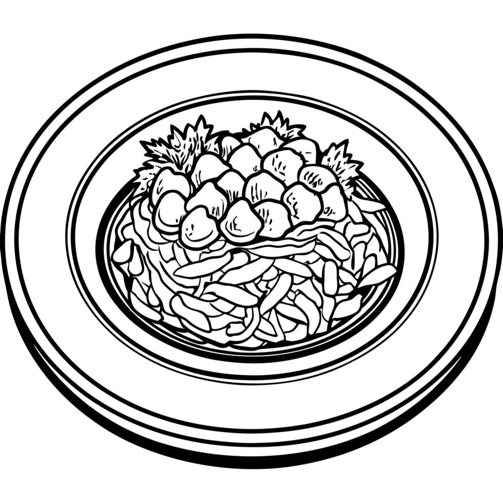 realistic food dish food on plate top view, illustration line art vector