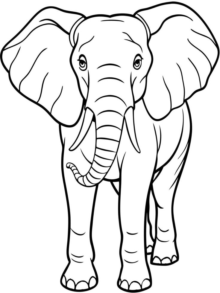 an elephant standing, raising its trunk, with large ears and tusks outlined in simple lines for vector