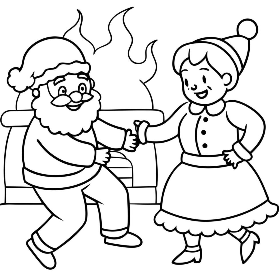 coloring page for kids, bold line art, santa claus with mrs claus, dancing together by the vector