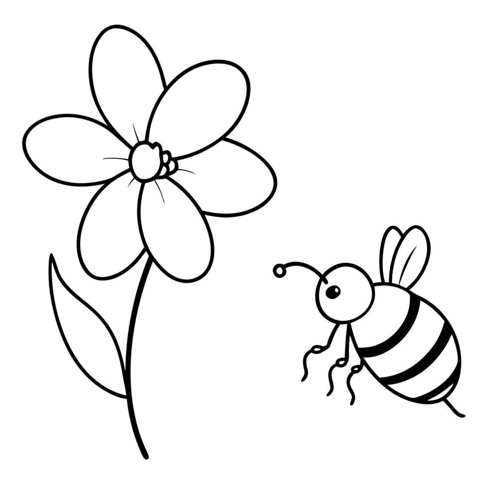 a bee is extracting honey from a creeping phlox flower, illustration line art vector