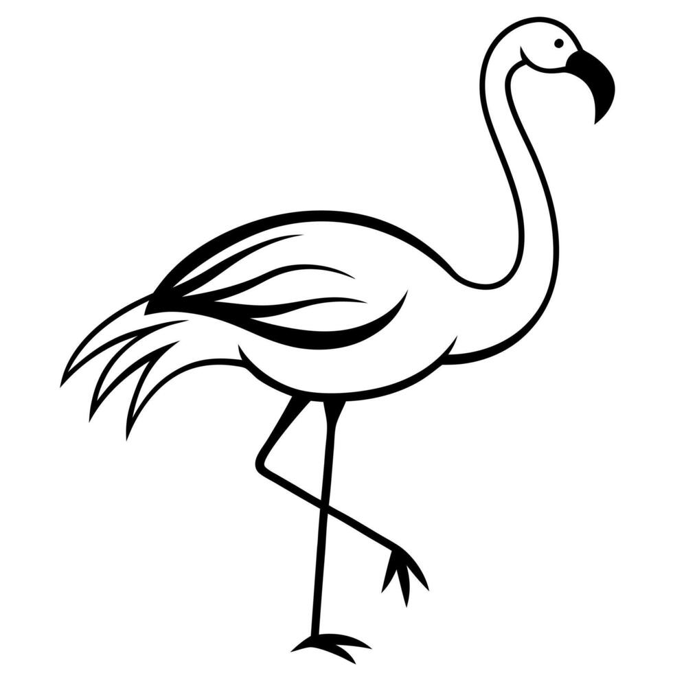 a graceful silhouette of a flamingo standing on one leg black and white, illustration line vector