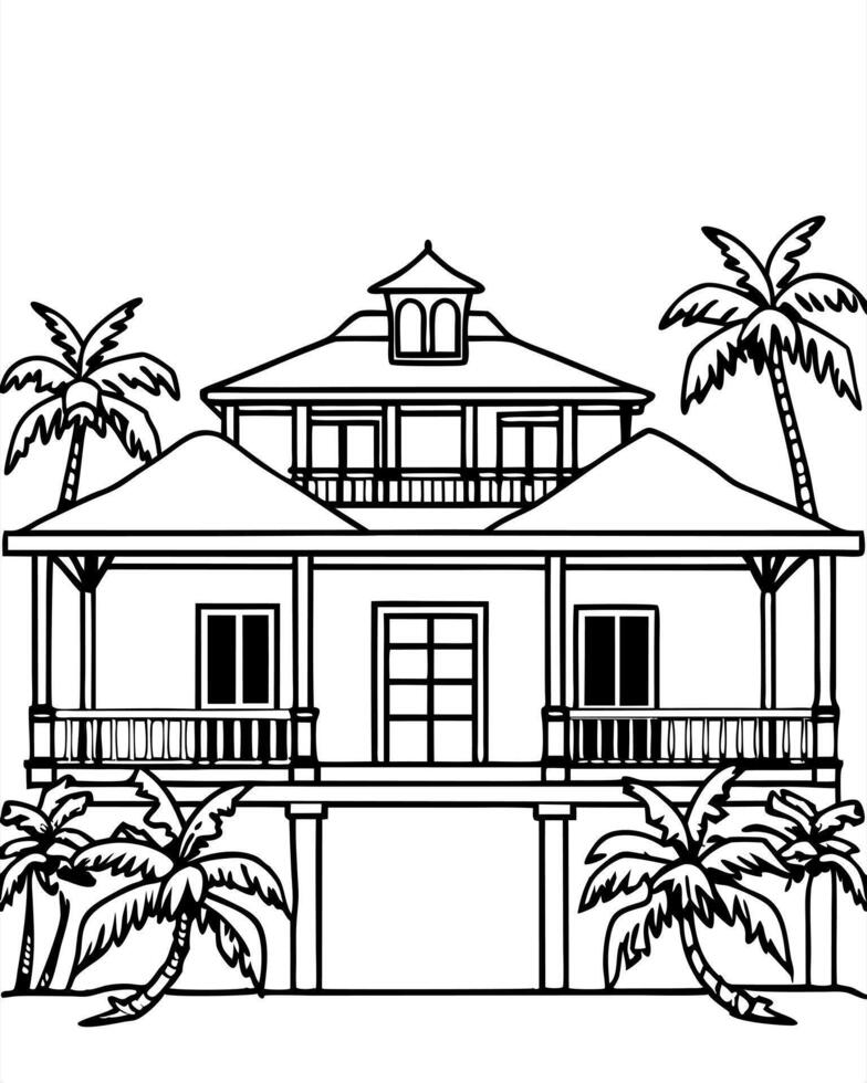 a caribbean plantation house with wide verandas, illustration line art vector