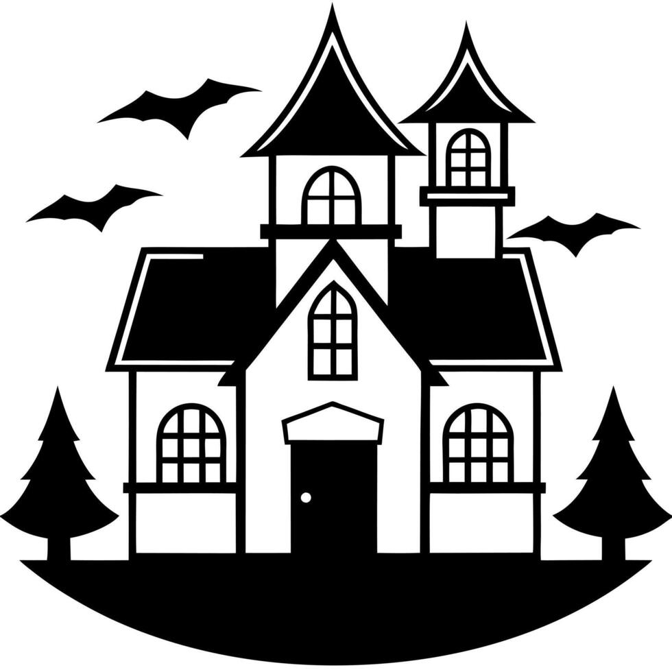 a black and white image of a haunted house, illustration line art vector