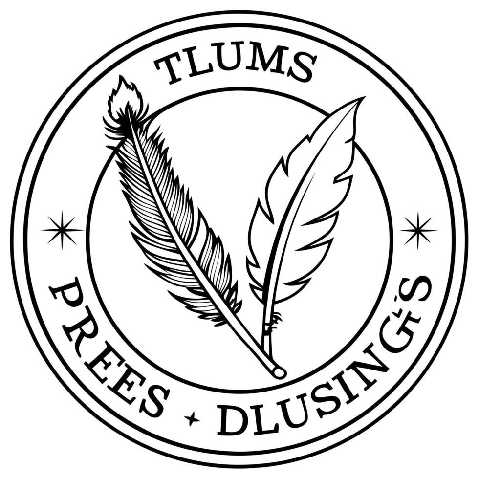 a company logo of a circle with a peacock feather quill pen, a goose feather quill pen, and an vector