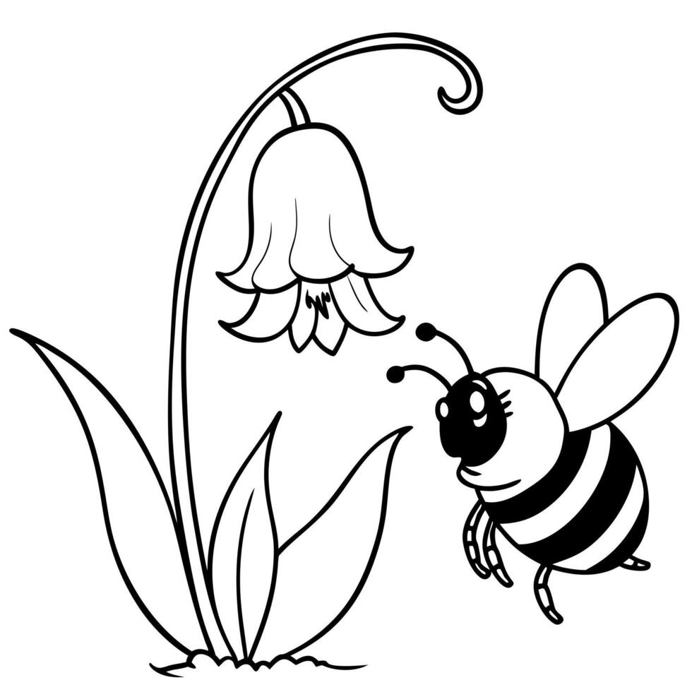 a bee is extracting honey from a bluebell flower, illustration line art vector