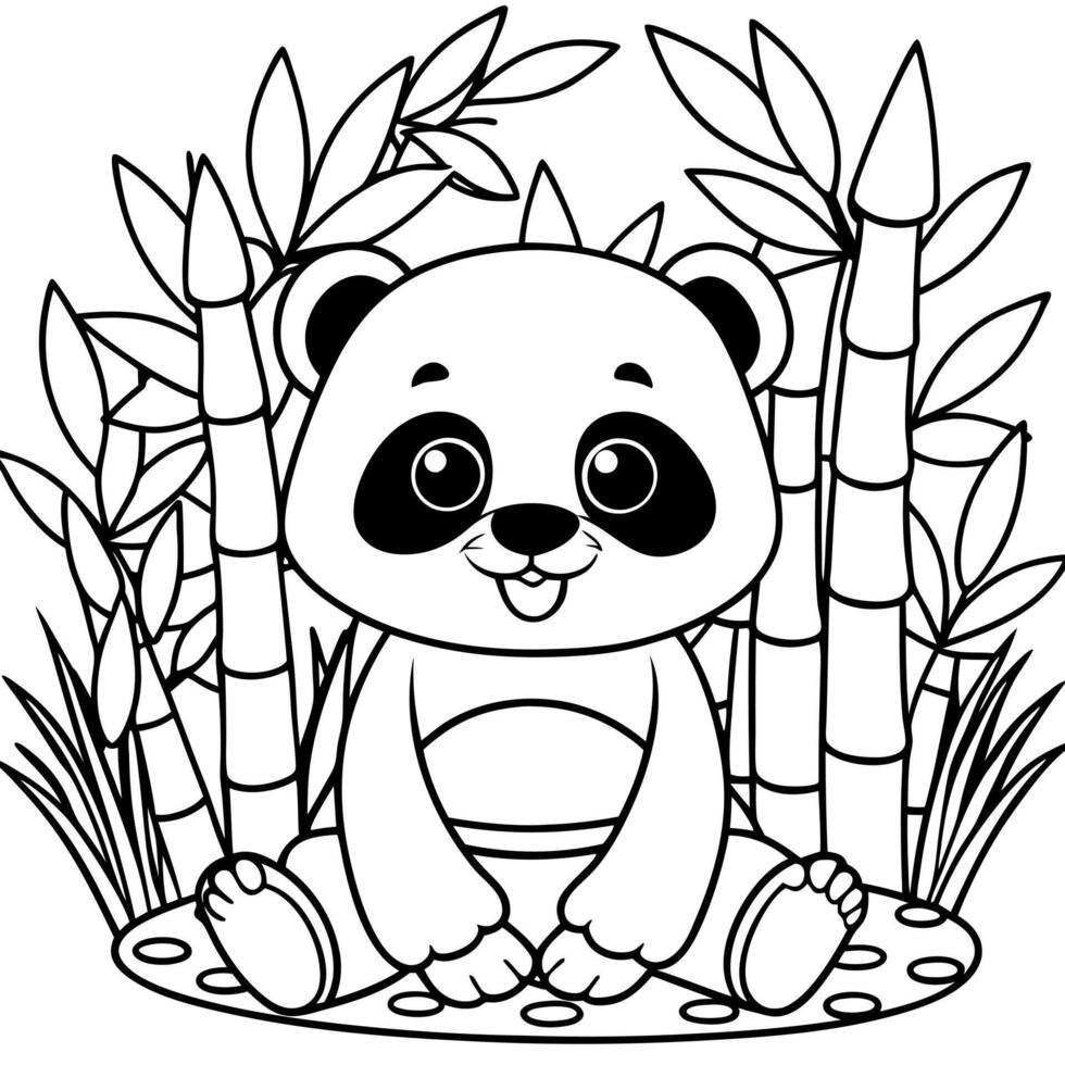 chibi cute kawaii happy baby panda sitting in the bamboo forest, coloring pages for kids, cozy vector