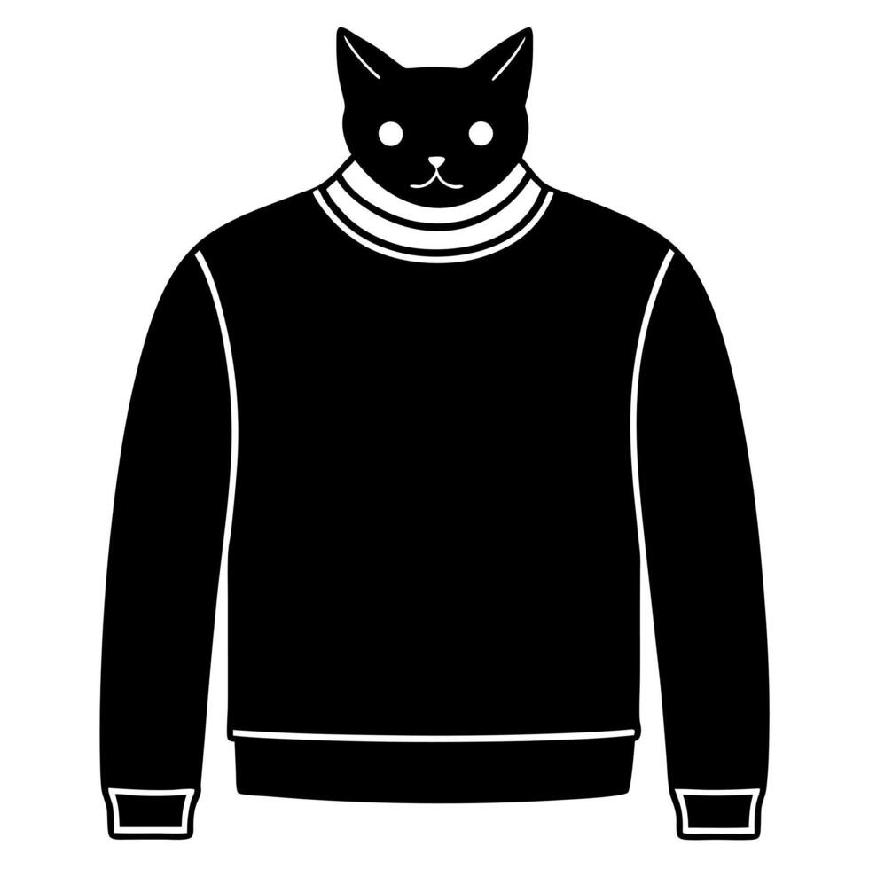 design a cat sweater with ribbed cuffs and neck, displayed in black on a plain white background, vector