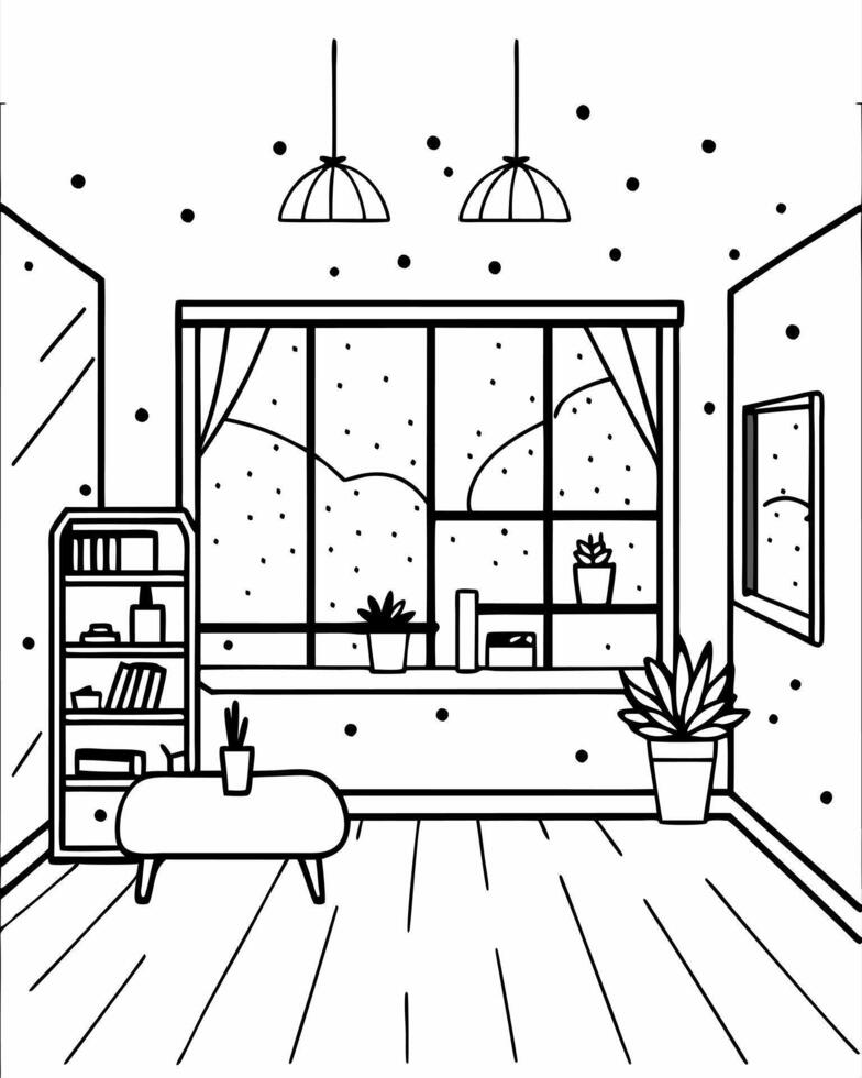 realistic, winter atmospheric room inside, illustration line art vector