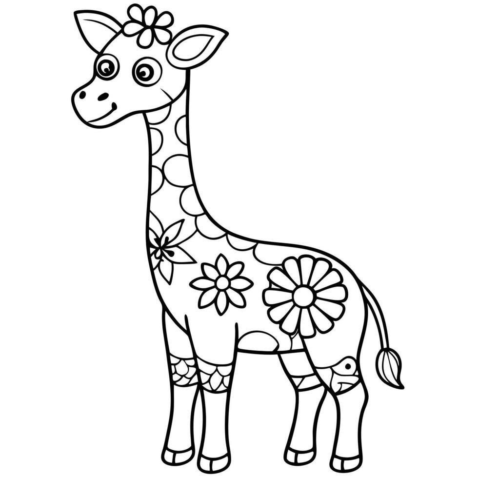 coloring book , cortoon style , giraffe with an intricate pattern inside of giraffe, floral vector
