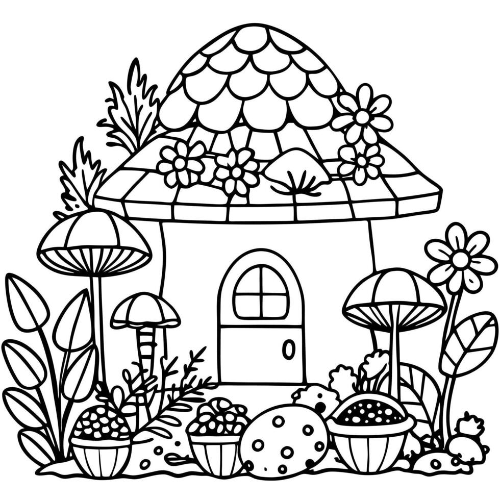 a mushroom house with a rooftop garden, where the mushroom family tends to their colorful array of vector