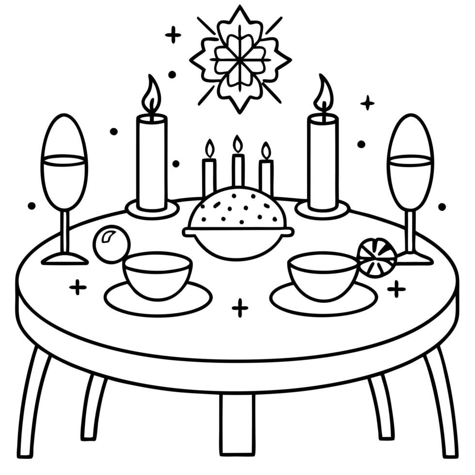 a table set for a festive christmas eve dinner, illustration line art vector