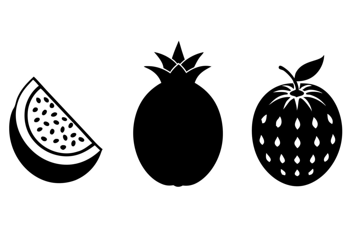 3 differents fruits goava papya , pine apple picture silhouette on white background, vector