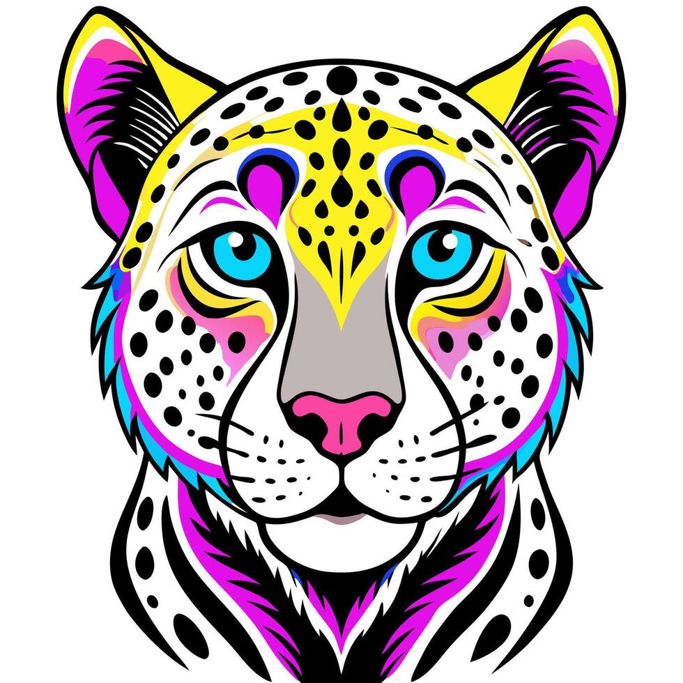 a stylized and vibrant illustration of a cheetah with vivid orange, blue, purple, pink, and yellow vector