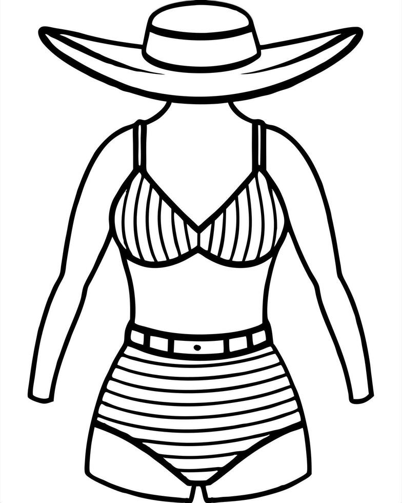 design a beachwear outfit featuring a swimsuit and wide-brimmed hat, illustration line art vector